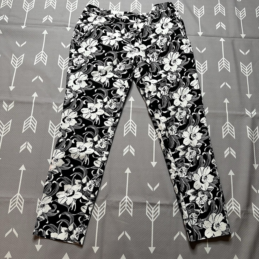 Adrianna Papell‎ Women's Pants Sz 4 Black & White Floral Cotton Ankle Mid Rise